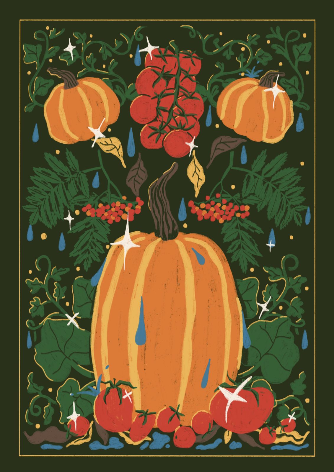 Sonny Ross Teatowel autumn market theme illustration 
